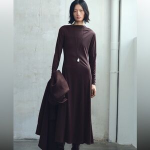 Dark Brow A-Line Dress with Asymmetrical Neckline